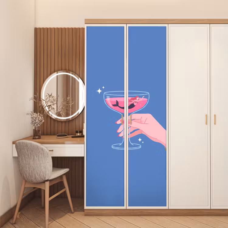 Vrouw - Glas - Abstract - Roze - Blauw deurposter klein -sfeer3