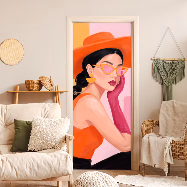 Vrouw - Hoed - Mode - Modern - Oranje deurposter klein -sfeer2