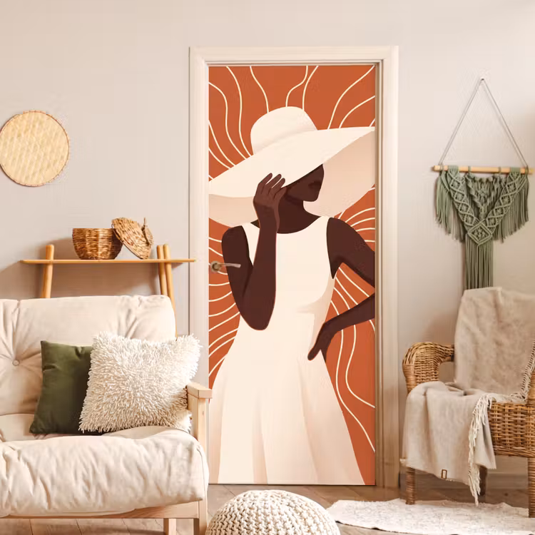 Vrouw - Hoed - Portret - Modern - Beige deurposter klein -sfeer2