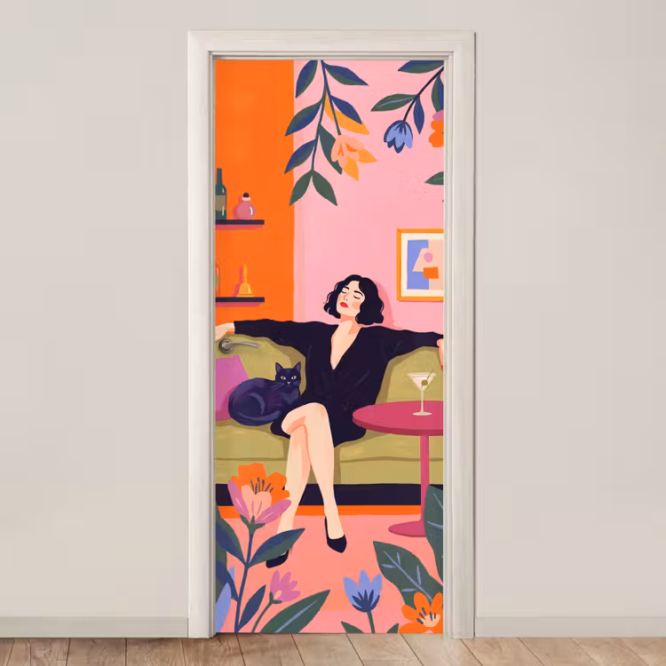 Vrouw - Kat - Interieur - Modern - Kleurrijk deurposter klein -3d_beige