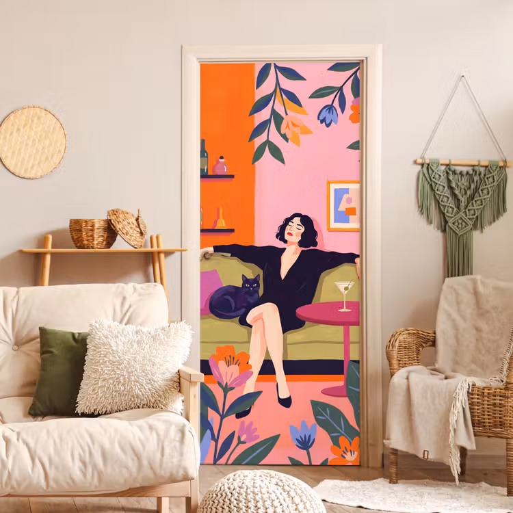 Vrouw - Kat - Interieur - Modern - Kleurrijk deurposter klein -sfeer2