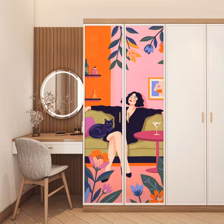 Vrouw - Kat - Interieur - Modern - Kleurrijk deurposter klein -sfeer3