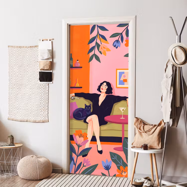 Vrouw - Kat - Interieur - Modern - Kleurrijk deurposter klein -sfeer6