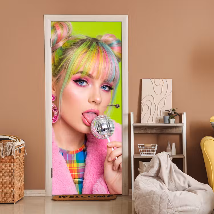 Vrouw - Kleurrijk haar - Pop art - Modern - Levendig deurposter klein -sfeer1