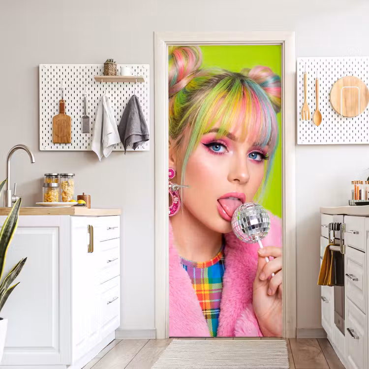 Vrouw - Kleurrijk haar - Pop art - Modern - Levendig deurposter klein -sfeer5
