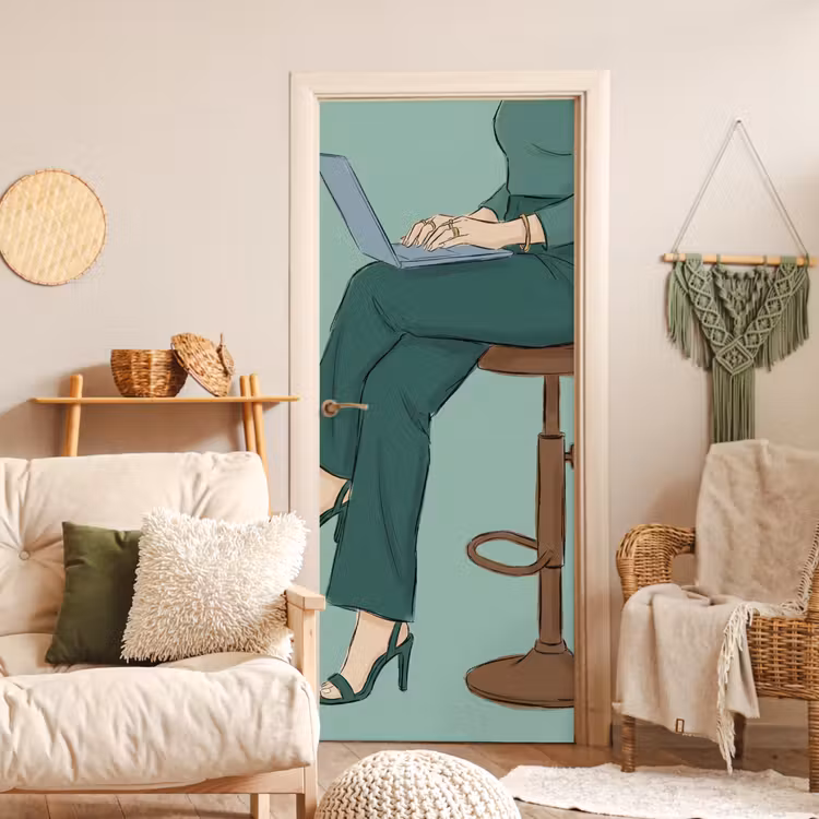 Vrouw - Laptop - Zittend - Illustratie - Groen deurposter klein -sfeer2