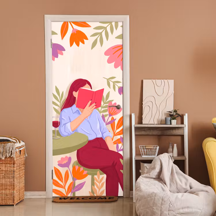 Vrouw - Lezen - Thuis - Modern - Bloemen deurposter klein -sfeer1