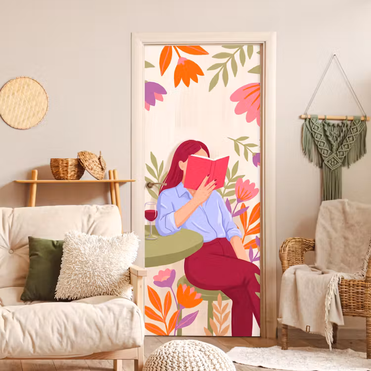 Vrouw - Lezen - Thuis - Modern - Bloemen deurposter klein -sfeer2