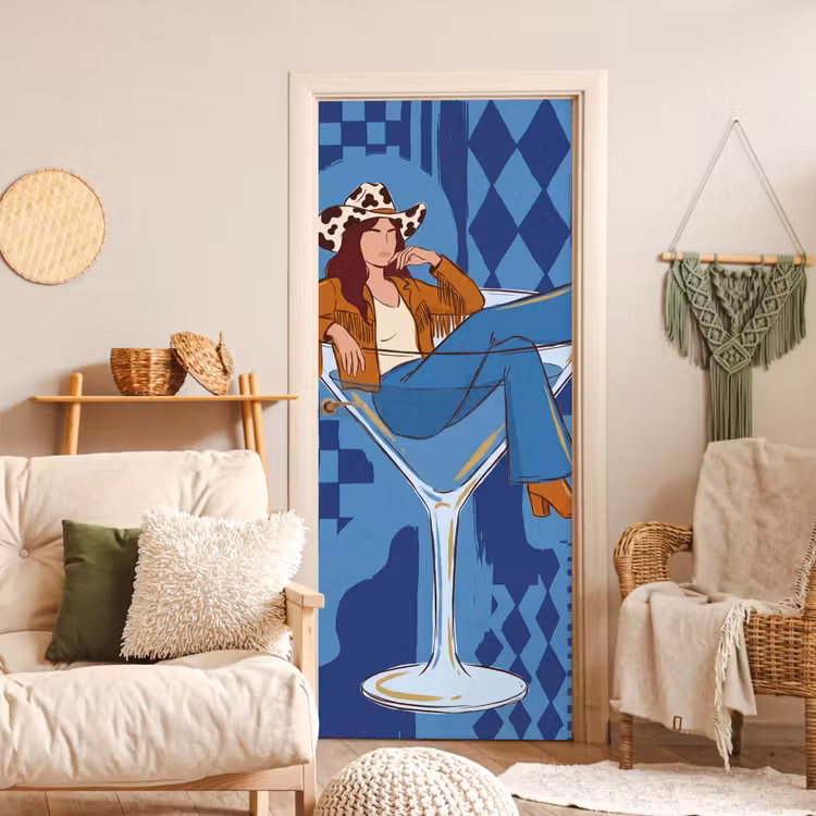Vrouw - Martini glas - Abstract - Blauw - Kunst deurposter klein -sfeer2