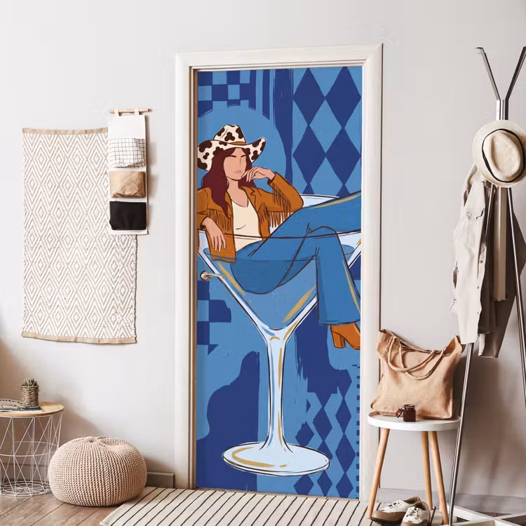 Vrouw - Martini glas - Abstract - Blauw - Kunst deurposter klein -sfeer6