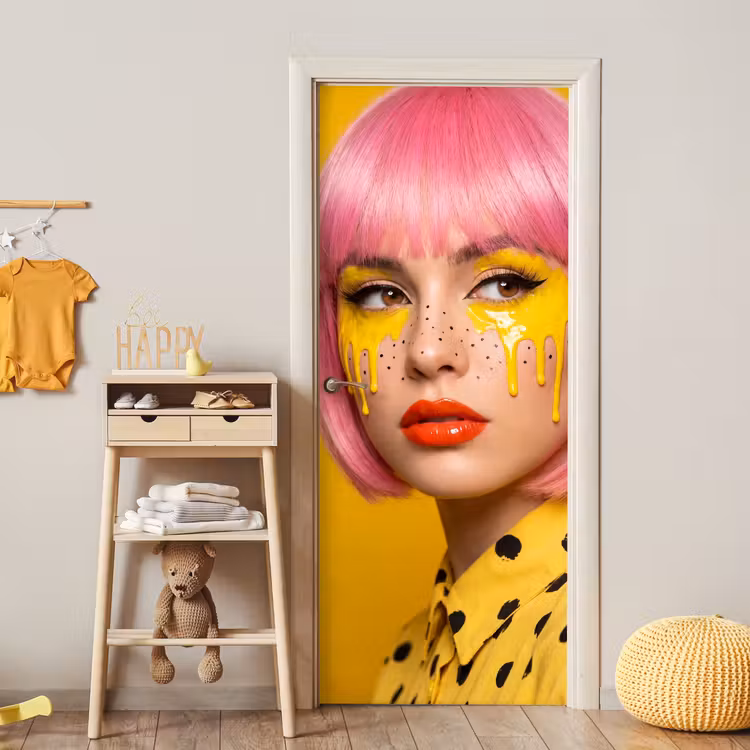 Vrouw - Portret - Abstract - Kleurrijk - Geel deurposter klein -sfeer4