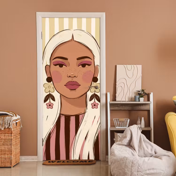 Vrouw - Portret - Illustratie - Modern - Roze deurposter klein -sfeer1