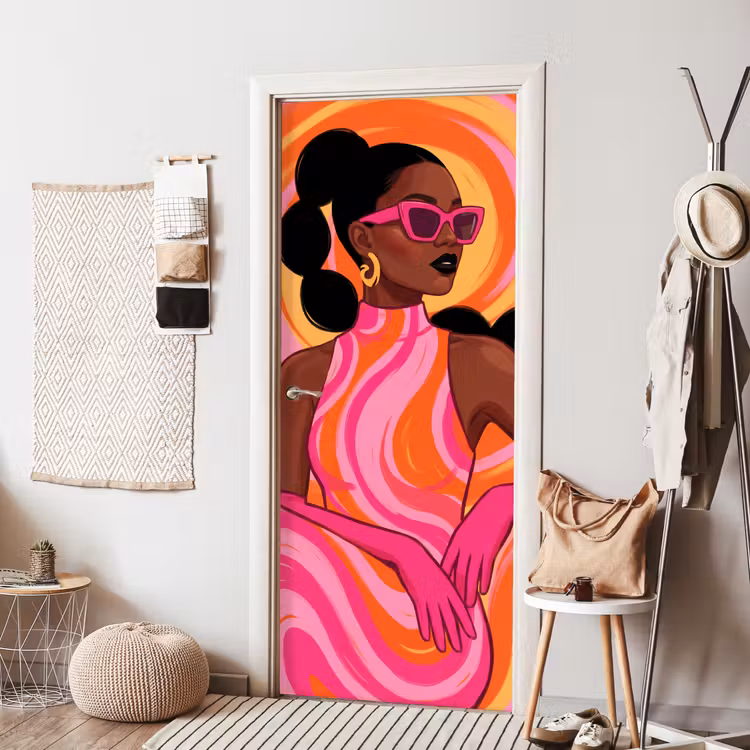 Vrouw - Portret - Kunst - Abstract - Roze deurposter klein -sfeer6