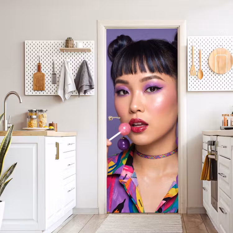 Vrouw - Portret - Make-up - Paars - Levendig deurposter klein -sfeer5