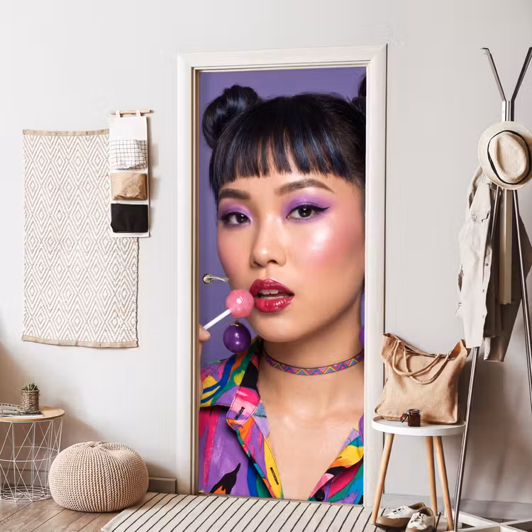 Vrouw - Portret - Make-up - Paars - Levendig deurposter klein -sfeer6