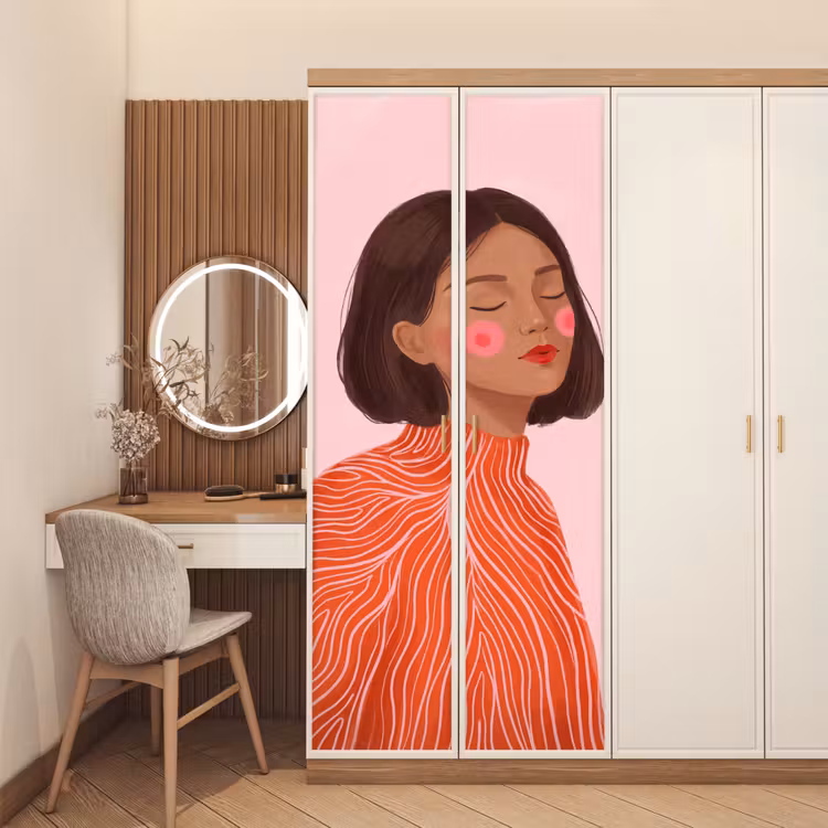 Vrouw - Portret - Modern - Kunst - Roze deurposter klein -sfeer3