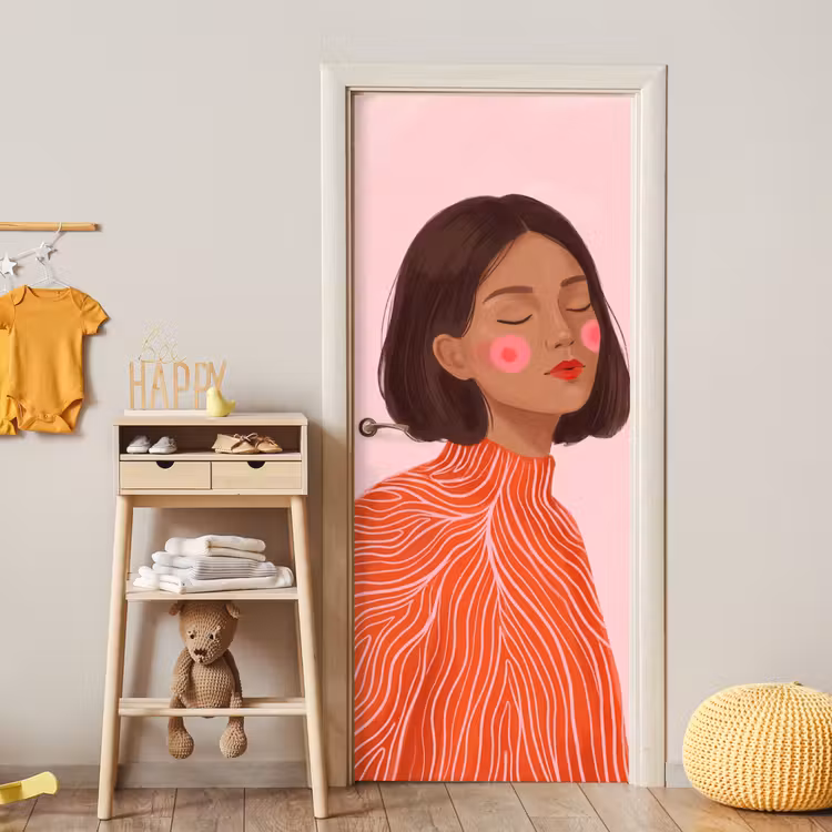 Vrouw - Portret - Modern - Kunst - Roze deurposter klein -sfeer4