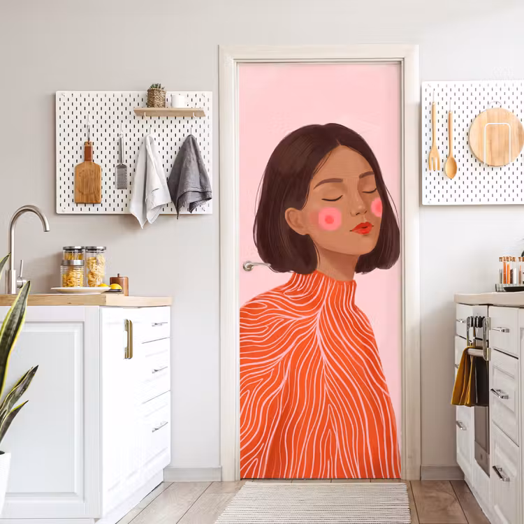 Vrouw - Portret - Modern - Kunst - Roze deurposter klein -sfeer5