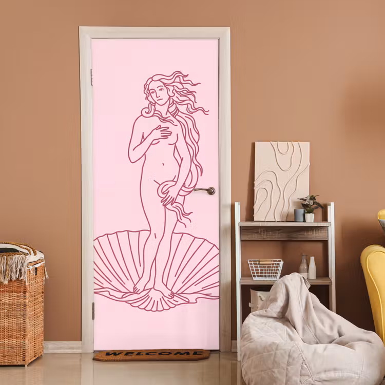 Vrouw - Schelp - Kunst - Lijntekening - Roze deurposter klein -sfeer1
