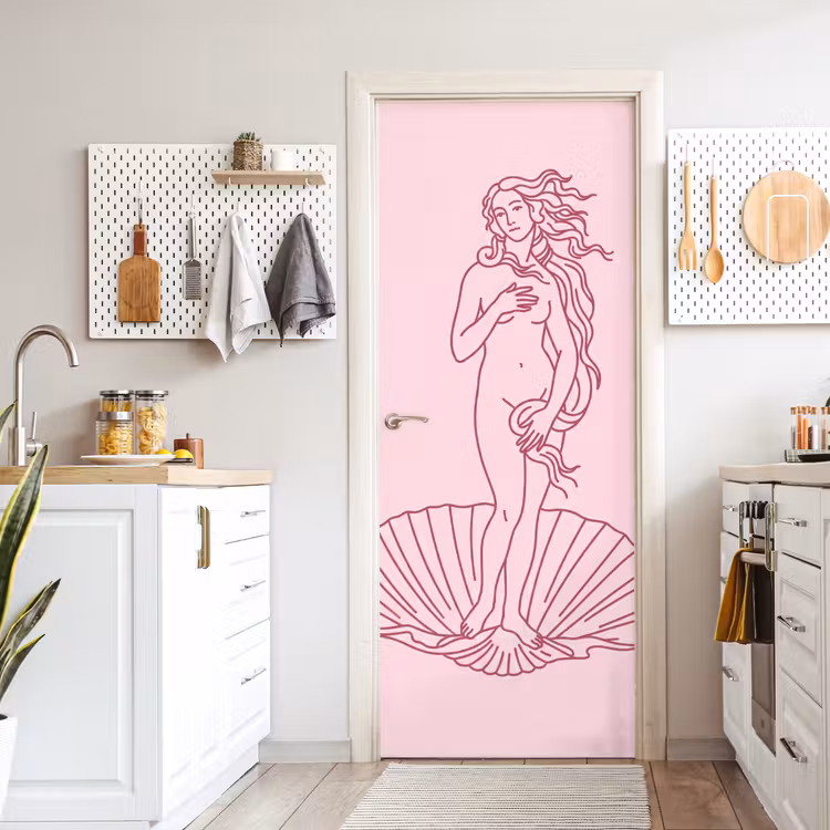 Vrouw - Schelp - Kunst - Lijntekening - Roze deurposter klein -sfeer5