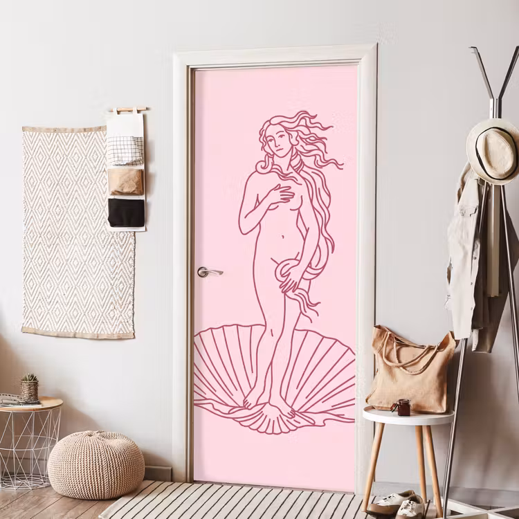 Vrouw - Schelp - Kunst - Lijntekening - Roze deurposter klein -sfeer6