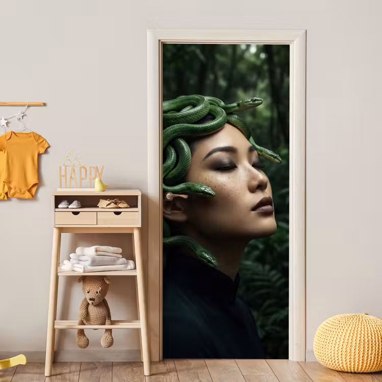 Vrouw - Slang - Natuur - Mystiek - Groen deurposter klein -sfeer4