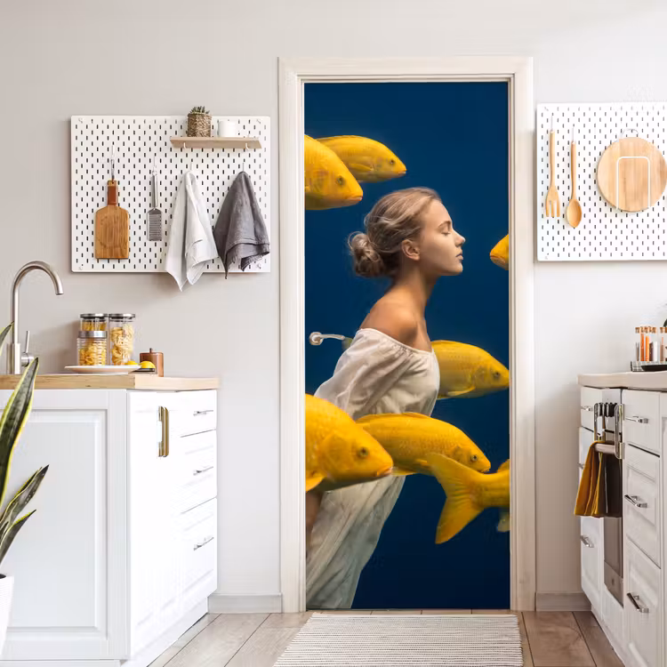 Vrouw - Vis - Water - Natuur - Geel deurposter klein -sfeer5