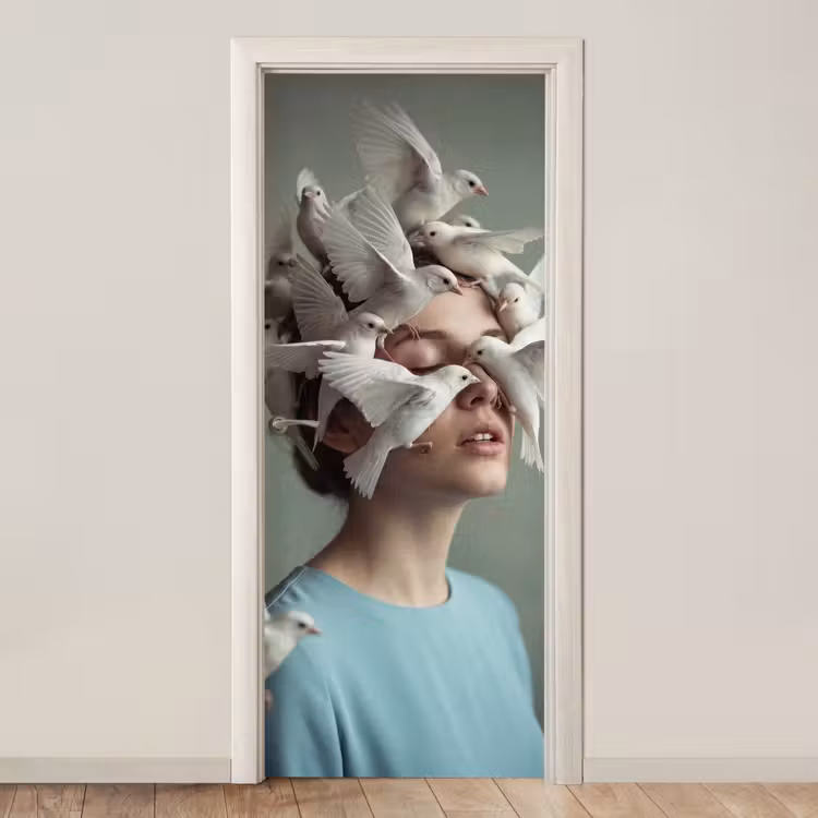Vrouw - Vogels - Abstract - Modern - Wit deurposter klein -3d_beige