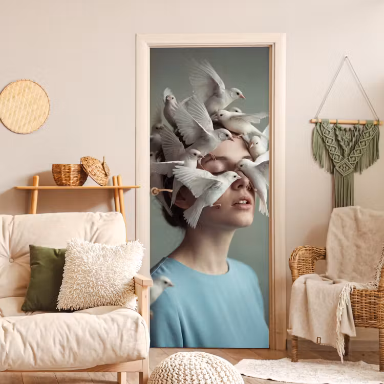 Vrouw - Vogels - Abstract - Modern - Wit deurposter klein -sfeer2