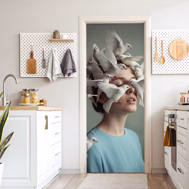 Vrouw - Vogels - Abstract - Modern - Wit deurposter klein -sfeer5