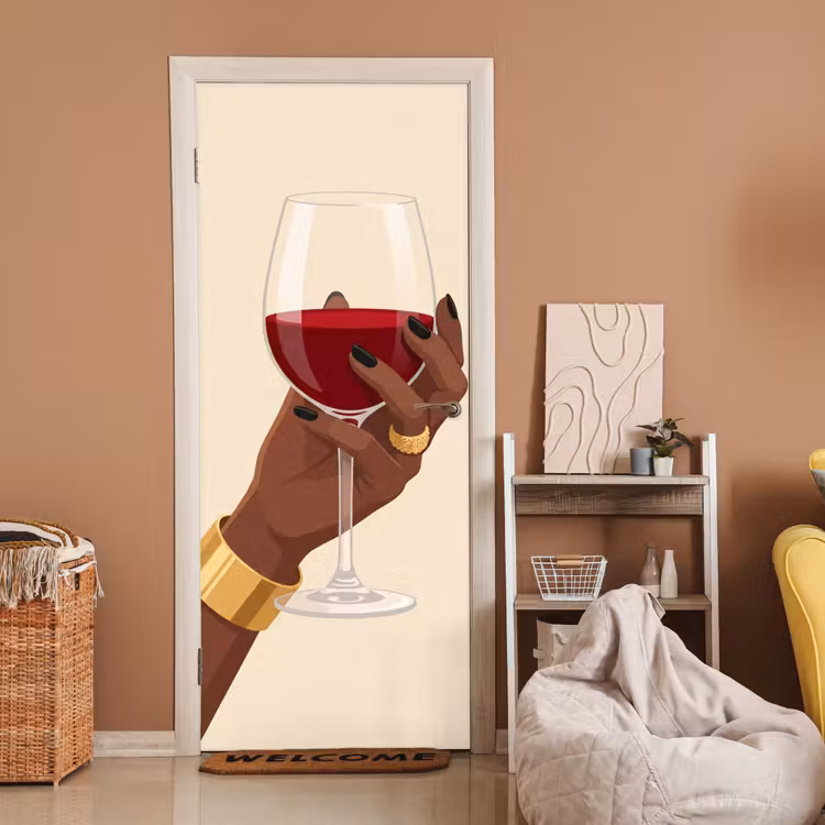 Vrouw - Wijn - Glas - Illustratie - Rood deurposter klein -sfeer1
