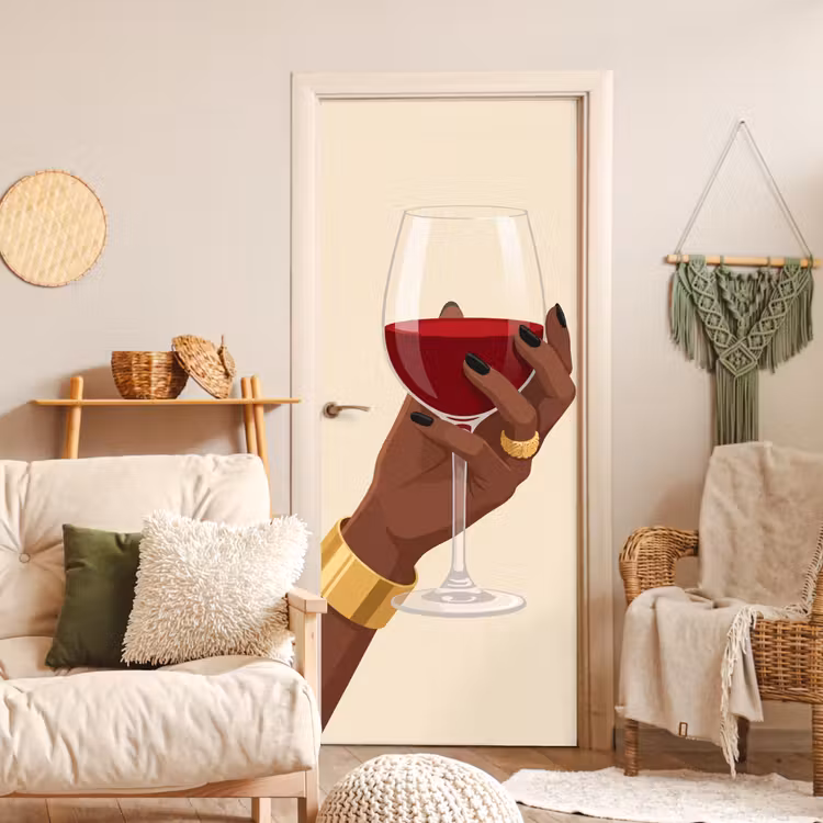 Vrouw - Wijn - Glas - Illustratie - Rood deurposter klein -sfeer2