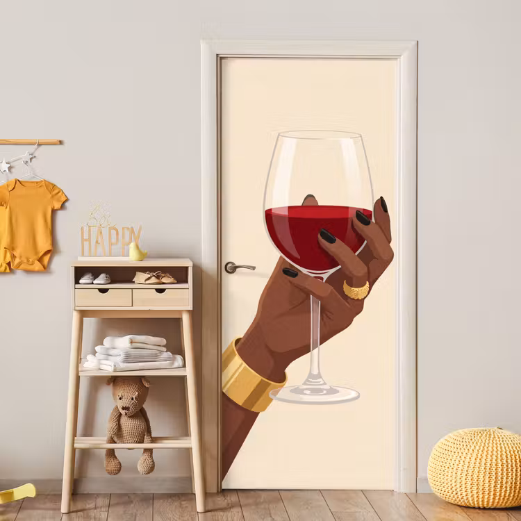 Vrouw - Wijn - Glas - Illustratie - Rood deurposter klein -sfeer4