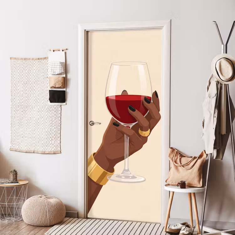 Vrouw - Wijn - Glas - Illustratie - Rood deurposter klein -sfeer6