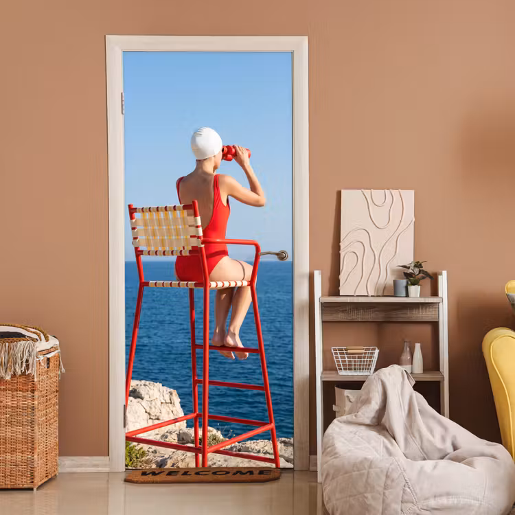 Vrouw - Zee - Kust - Verrekijker - Rood deurposter klein -sfeer1