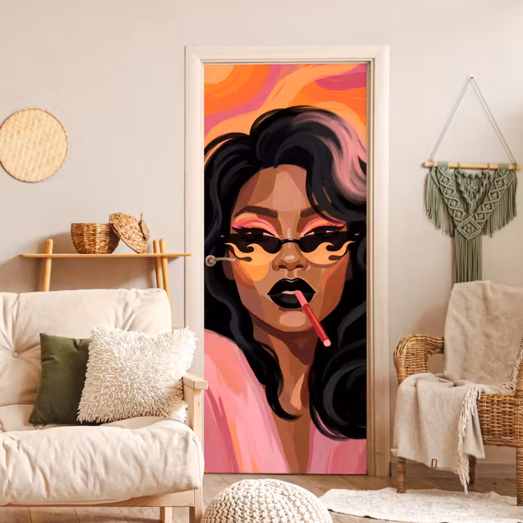 Vrouw - Zonnebril - Modern - Portret - Oranje deurposter klein -sfeer2