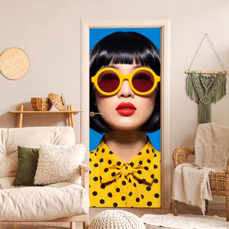 Vrouw - Zonnebril - Pop Art - Portret - Geel deurposter klein -sfeer2