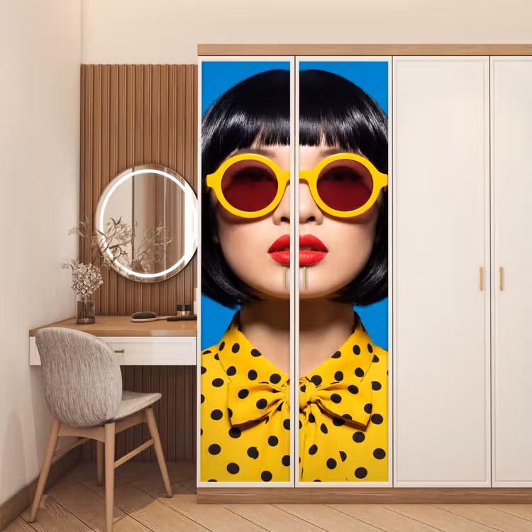 Vrouw - Zonnebril - Pop Art - Portret - Geel deurposter klein -sfeer3