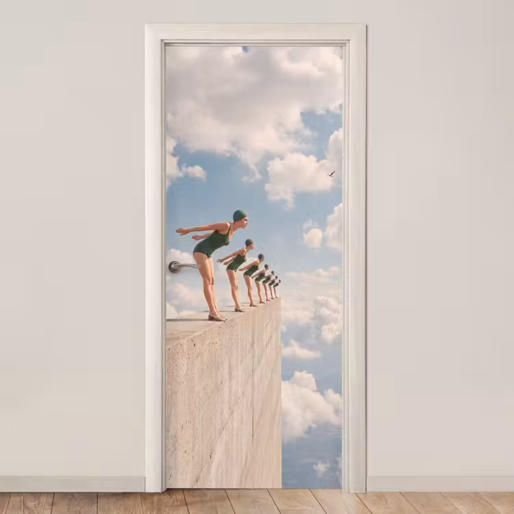 Deursticker - Vrouwen - Duikhouding - Wolken - Vrouwen - Duikhouding - Wolken deurposter klein