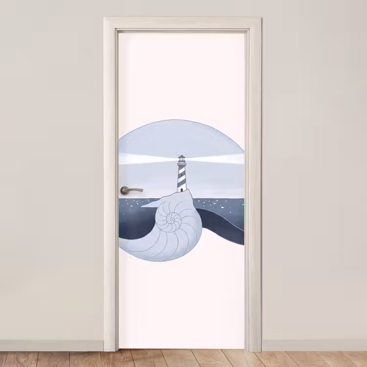 Vuurtoren - Zee - Schelp - Abstract - Blauw deurposter klein -3d_beige
