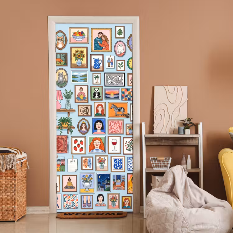 Wanddecoratie - Collectie - Huis - Illustratief - Kleurrijk deurposter klein -sfeer1