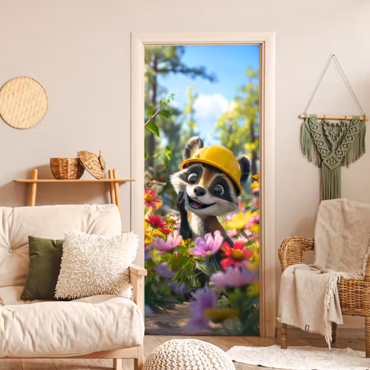 Wasbeer - Natuur - Bloemen - Bouwhelm deurposter klein -sfeer2