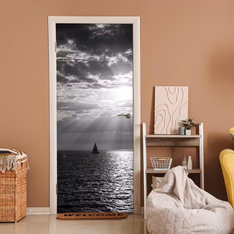 Water - Boot - Lucht - Natuur - Zwart-wit deurposter klein -sfeer1