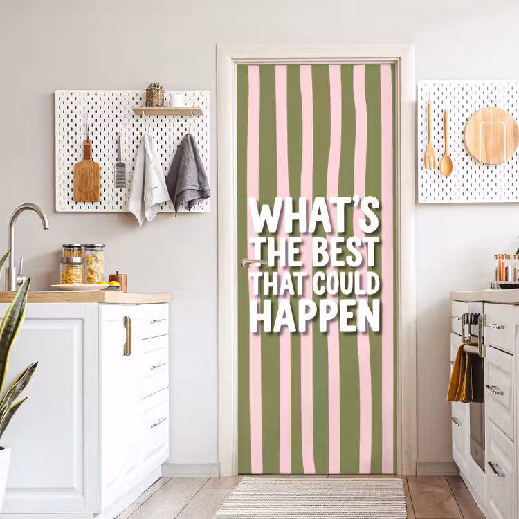 What's the best that could happen - Strepen - Groen - Roze deurposter klein -sfeer5