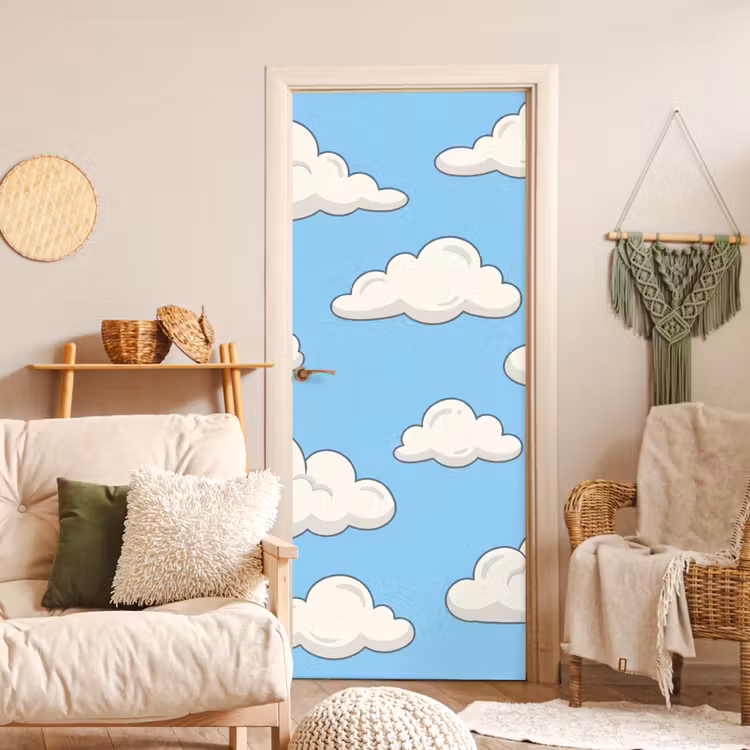 Wolk - Cartoon - Lucht - Blauw - Wit deurposter klein -sfeer2