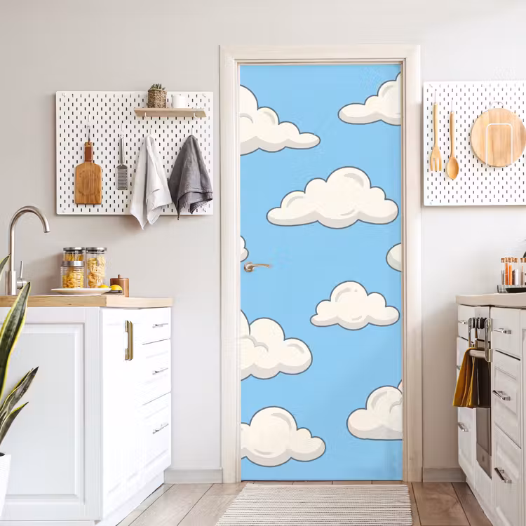 Wolk - Cartoon - Lucht - Blauw - Wit deurposter klein -sfeer5
