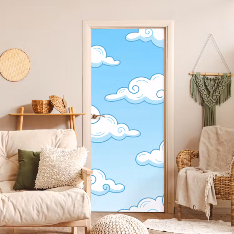 Wolk - Lucht - Cartoon - Blauw - Wit deurposter klein -sfeer2