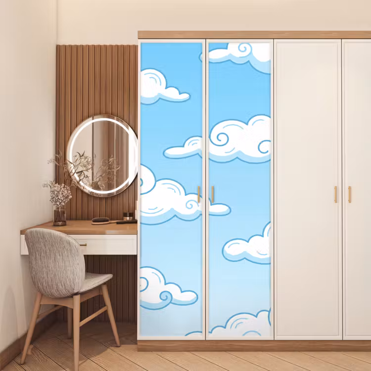 Wolk - Lucht - Cartoon - Blauw - Wit deurposter klein -sfeer3