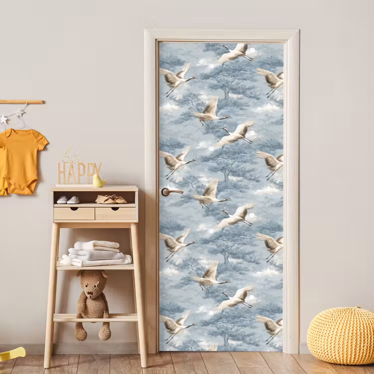 Wolken - Kraanvogels - Blauw deurposter klein 289 -sfeer4