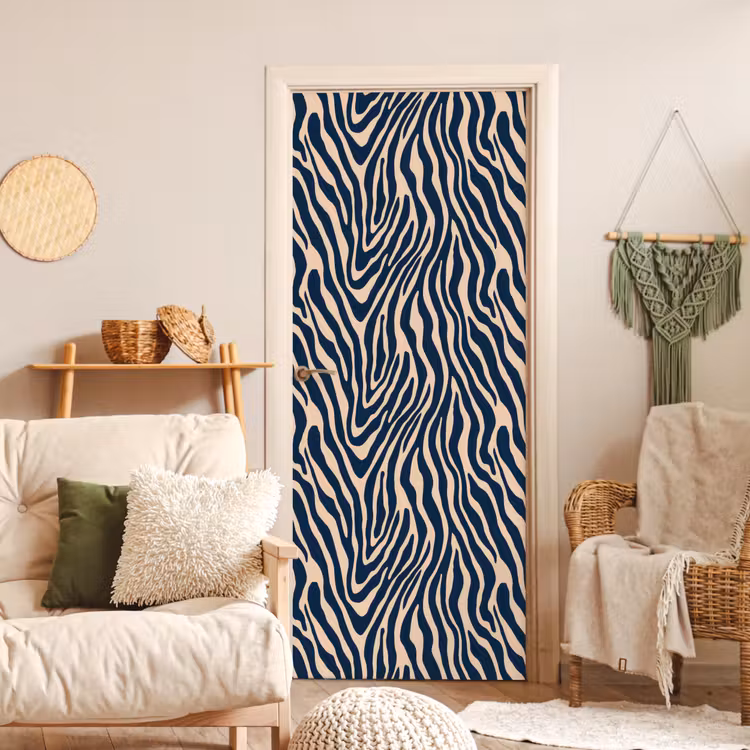 Zebra - Patroon - Blauw - Beige deurposter klein 289 -sfeer2